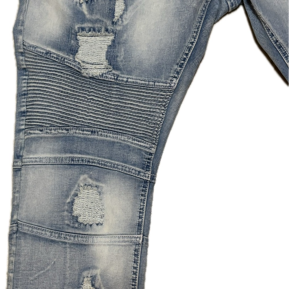 Men's Makobi Distressed Stretch Biker Blue Jeans - Picture 2 of 6